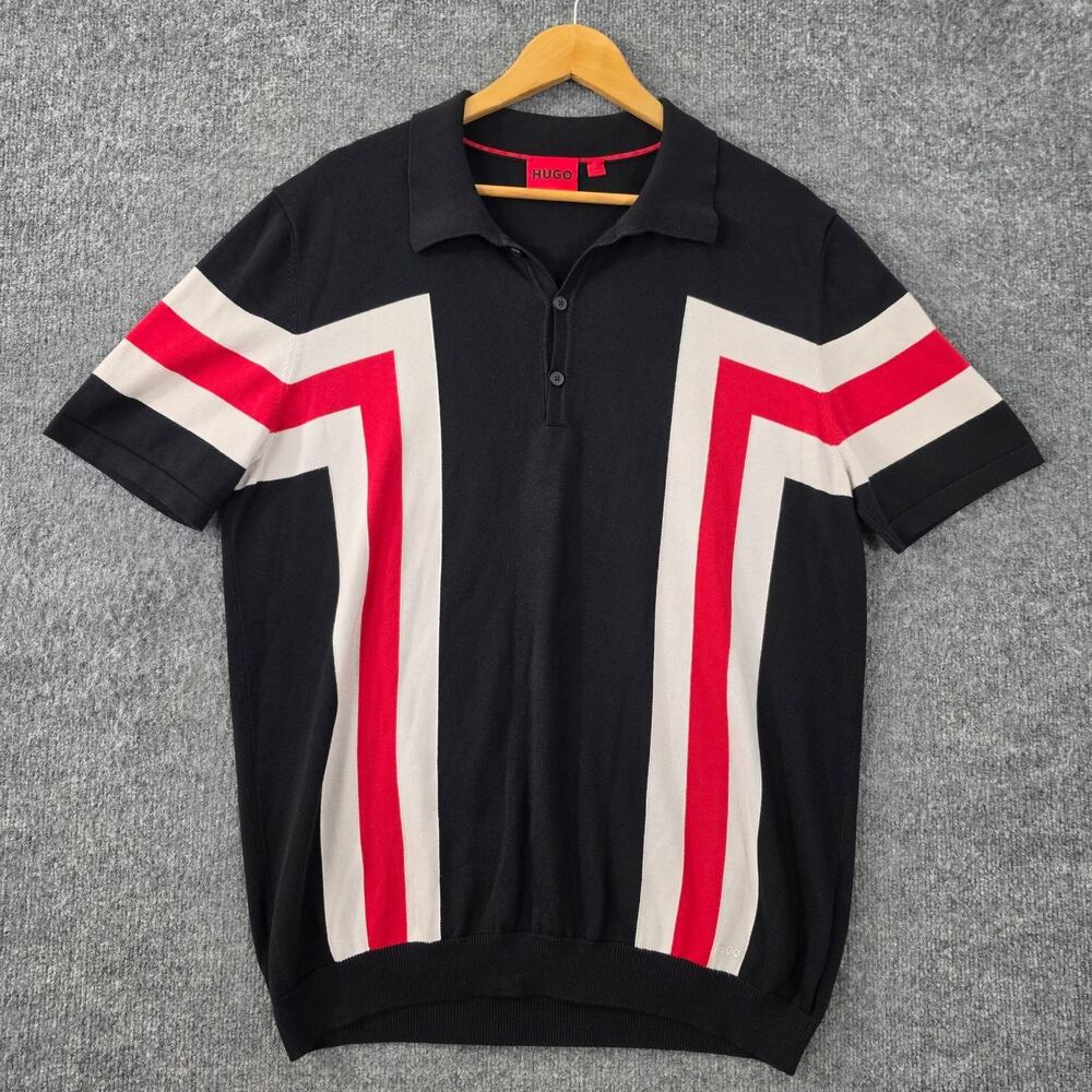 Hugo Boss Polo Mens XL Spolo Knit Striped Black Short Sleeve Designer Preppy
